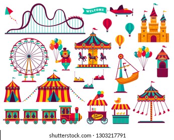 Amusement park attractions set. Carnival amuse kids carousels games fairground attraction play rollercoaster, flat vector illustration