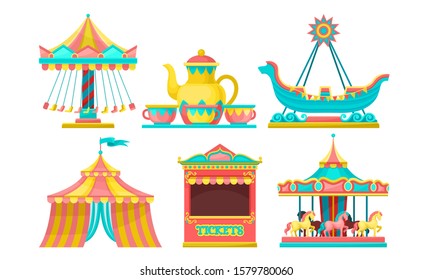 Amusement Park Attractions Set, Carousels, Circus Tent, Ticket Booth Vector Illustration