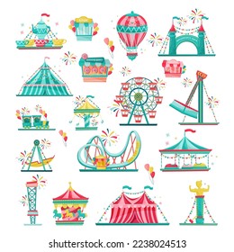 Amusement park attractions set. Roller coaster, carousels, hot air balloon, ferris wheel cartoon vector illustration