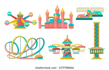 Amusement Park Attractions Set, Rollercoaster, Castle, Carousels Vector Illustration