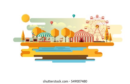 Amusement park at autumn daytime flat illustration
