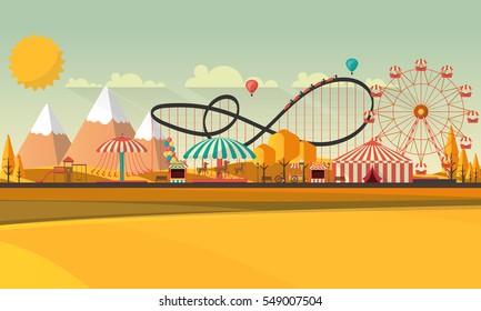 Amusement park at autumn daytime flat illustration
