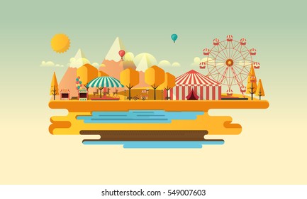 Amusement park at autumn daytime flat illustration
