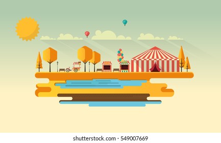 Amusement park at autumn daytime flat illustration
