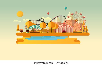 Amusement park at autumn daytime flat illustration
