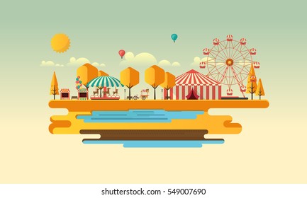 Amusement park at autumn daytime flat illustration
