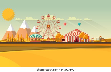 Amusement park at autumn daytime flat illustration
