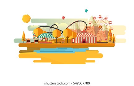 Amusement park at autumn daytime flat illustration
