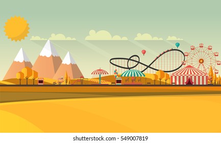 Amusement park at autumn daytime flat illustration
