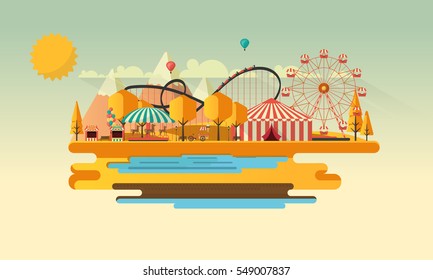 Amusement park at autumn daytime flat illustration
