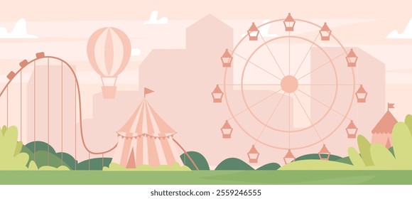 Amusement park background. City garden with carousel, ferris wheel and circus tent. Resting walking place for adult and children in town, urban vector landscape