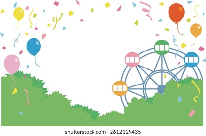 Amusement park background with confetti and balloons flying, vector illustration