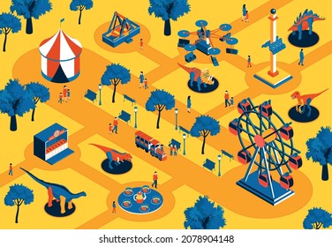 Amusement park background with dinosaurs and tent and ferris wheel isometric vector illustration