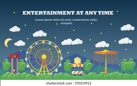 Amusement park banner concept vector illustration in flat style design. City fair. Slides and swings, carousels, ferris wheel attraction.