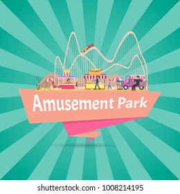 Amusement park, banner with title, people at dirty place, rides and tents with hotdogs and popcorn, waste and pollution, poster vector illustration
