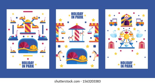 Amusement park banner, vector illustration. Set of flat icons for summer fairground, carousels and attractions. Fun activity for families with children on summer holidays, invitation to amusement park