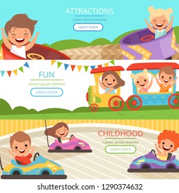 Amusement park banners. Family and happy kids walking and playing games in different attractions vector cartoon template