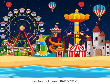 Amusement park with beach side scene at night with ballons in the sky illustration