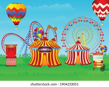 Amusement park beautiful vector illustration with circus tents and swings.