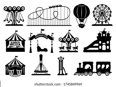 Amusement park black glyph set. Carousel silhouette cartoon style. Fairground, rollercoaster, carousel horse, air balloon, ferris wheel kid fun time. Circus marquee summer leisure. Vector illustration