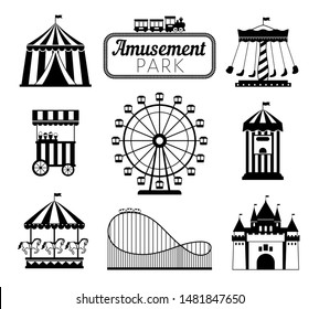 Amusement park black icons. Recreation fun attractions signs, carnival carrousel, circus ticket service, skyline train rollercoaster and festival fun tents symbols