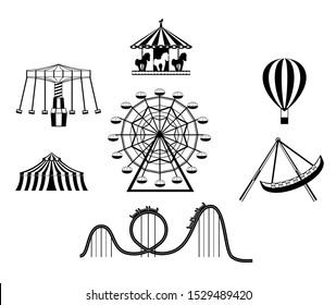 Amusement park black icons. Recreation fun attractions signs, ferris wheel, carnival carousel, circus, skyline train roller coaster and festival fun tents symbols