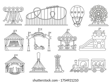 Amusement park black line silhouette set. Carousel cartoon style. Fairground, rollercoaster, carousel horse, air balloon, ferris wheel kid fun time. Circus marquee summer leisure. Vector illustration