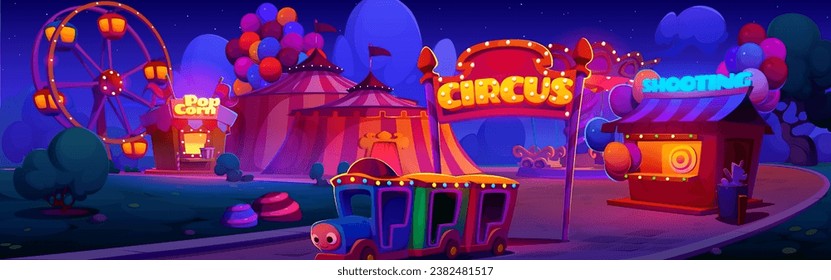 Amusement park with bright neon lights at night. Cartoon evening illustration of carnival or funfair landscape with circus tent, ferris wheel, children train and carousel, popcorn and shooting kiosk.