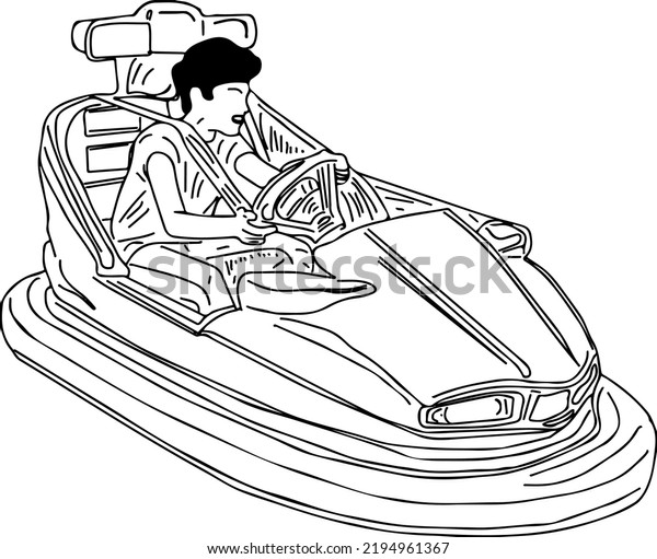 Amusement park bumper electric car ride vector,\
Sketch drawing silhouette, of bumper car, young kid on bumper car\
cartoon, doodle, clip\
art