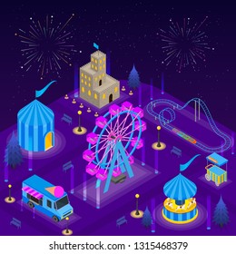 Amusement Park Card Poster Concept 3d Isometric View. Vector