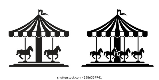 Amusement park, carnival carousel or circus carousel. Merry go round and chair or horse seat. Children circus. Carnival ride icon. Horse ride for young child. carnival or circus carrousel.