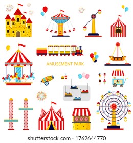 Amusement park. Carnival circus icons with tent, carousels, flags isolated on white background. Architecture entertainment elements for family rest in the park