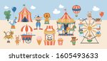 Amusement park or carnival with cute animals design. Childish print for card, party invitations, posters and nursery decoration. Vector Illustration
