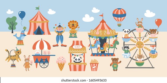 Amusement park or carnival with cute animals design. Childish print for card, party invitations, posters and nursery decoration. Vector Illustration