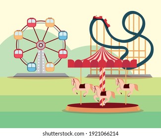 amusement park carnival ferris wheel roller coaster and carousel vector illustration