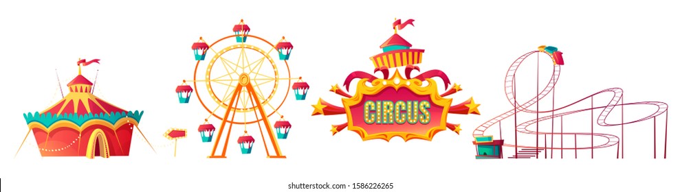 Amusement park, carnival or festive fair cartoon vector illustration. Rollercoaster, circus tent and ferris wheel, elements for children summer fun isolated on white background, announcement frame