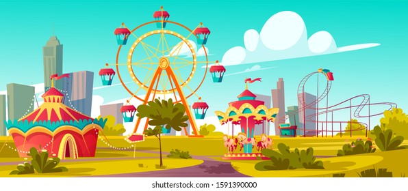 Amusement park, carnival or festive fair cartoon vector illustration. Circus tent arrow pointer, carousel, merry-go-round, ferris wheel and roller coaster, children summer city fun nature background