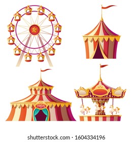 Amusement park, carnival or festive fair cartoon vector illustration. Merry-go-round, circus tent and ferris wheel, elements for children summer fun isolated on white background, announcement set