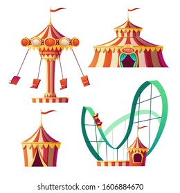 Amusement park, carnival or festive fair cartoon vector illustration. Rollercoaster, circus tent and carousel, elements for children summer fun isolated on white background, announcement set