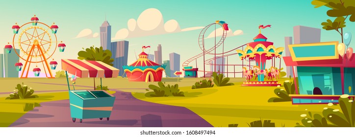 Amusement park, carnival or festive fair cartoon vector illustration. Circus tent arrow pointer, carousel, merry-go-round, ferris wheel and roller coaster and ice cream cart children summer city fun