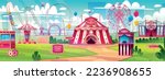 Amusement park, carnival, funfair with circus tent, roller coaster, carousel and ferris wheel, hall of mirrors and ticket booth. Summer scene with attractions and balloons, Cartoon vector illustration