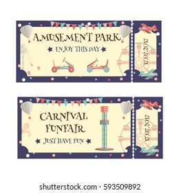 Amusement park and carnival funfair ticket with attractions. Vector illustration.