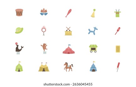 amusement park and carnival icon collection featuring rides, attractions, food stalls, and festival elements