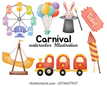 Amusement Park and Carnival Illustrations - Ferris Wheel, Balloons, Magic Show, Train Ride, and More in Watercolor Style for Celebrations