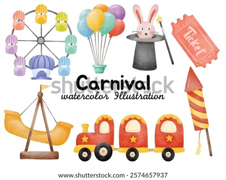 Amusement Park and Carnival Illustrations - Ferris Wheel, Balloons, Magic Show, Train Ride, and More in Watercolor Style for Celebrations