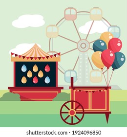 amusement park carnival shooting booth balloons and ferris wheel vector illustration