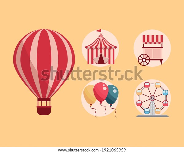amusement park carnival tent booth air\
balloon ferris wheel vector\
illustration