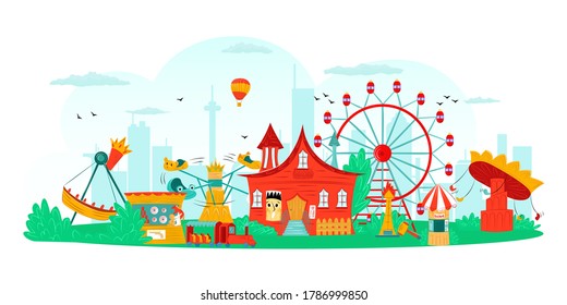 Amusement park with carousel and ferris wheel, fun festival and entertainment, attraction symbols isolated vector illustration. Circus, ferris in amusement park for kids for leisure and vacation.