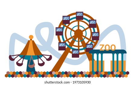 amusement park. Carousel, Ferris wheel, atrection, zoo are isolated on a white background. Vector illustration in a flat cartoon style.