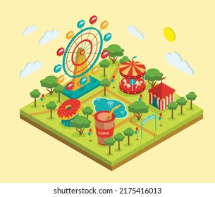 Amusement park, carousel fountain ferris wheel bistro cafe fantan, amusement park isometry